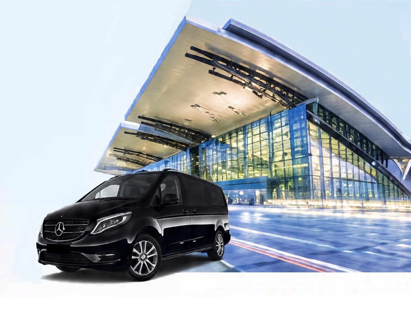 Premium black Mercedes van at modern airport terminal — Airport Taxi Transfers